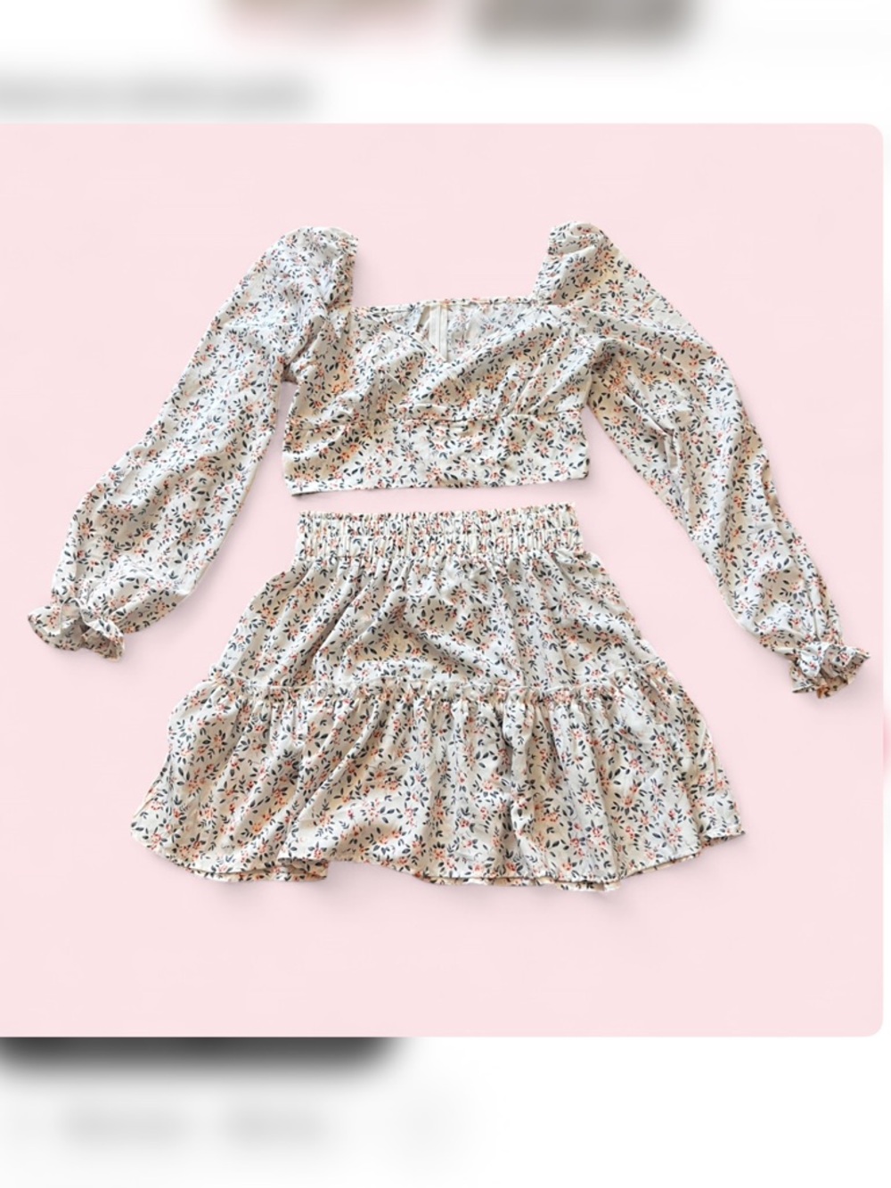 SHEIN Cream Floral Smocked Crop Top & Skirt Set